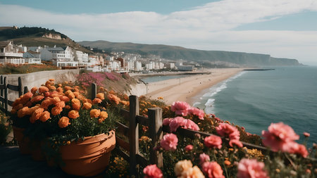 Carnation flowers on the promenade at Durdle Door Cornwall England UK Europeの素材