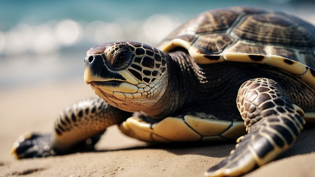 Close up of a sea turtle on the beach. Selective focus.の素材