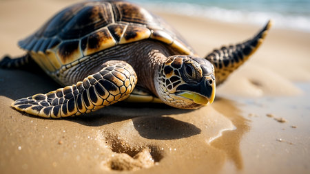 Close-up of a sea turtle on a sandy beach on a sunny dayの素材