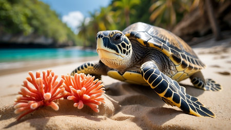 Turtle on tropical beach with coral at Seychelles.の素材