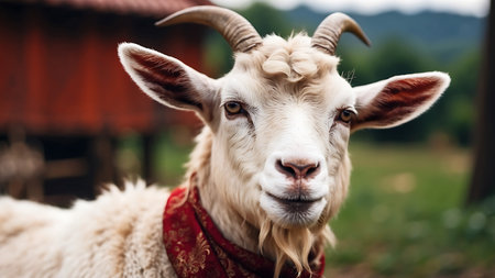 Portrait of a white goat with a red bandana on his headの素材