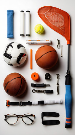 Sports equipment on white background. Top view. Flat lay style.の素材