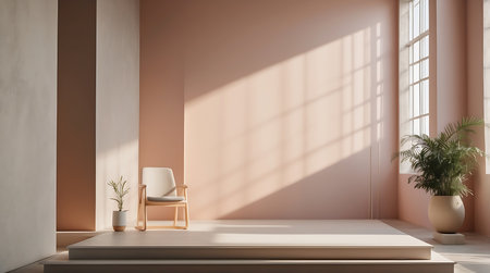 Minimalist living room interior with beige walls, concrete floor, white armchair and plant. 3d renderの素材