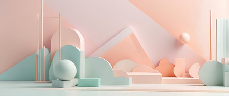 Minimal abstract background, primitive geometrical figures, pastel colors, 3D renderの素材