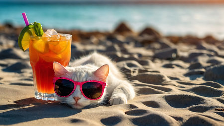 Cute cat wearing sunglasses with cocktail on the beach. Summer vacation conceptの素材