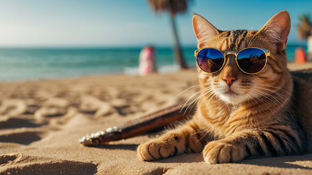 Cute cat with sunglasses on the beach. Sunny summer day.の素材
