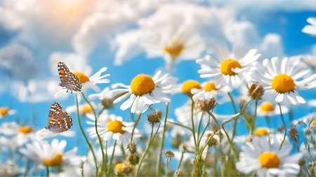 White daisies and butterfly on blue sky background. Beautiful nature scene.の素材