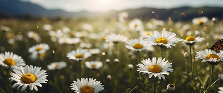Beautiful daisies blooming in the meadow at sunsetの素材