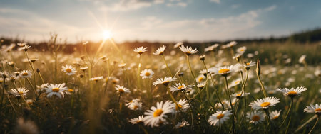 Beautiful daisies in the field at sunset. Nature backgroundの素材
