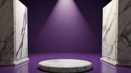 3d rendering of marble podium on purple background with spotlights.の素材