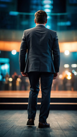 Back view of businessman standing with hands in pockets looking at night cityの素材
