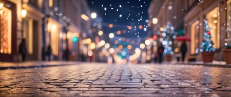 Christmas and New Year holidays background. Blurred image of night city street with bokeh lights.の素材