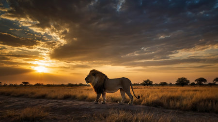Lion in the savannah at sunset, Kruger National Park, South Africaの素材