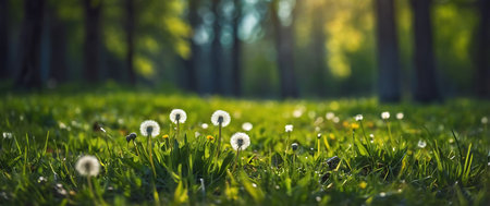 Dandelion flowers in the green grass in the park. Summer landscape.の素材