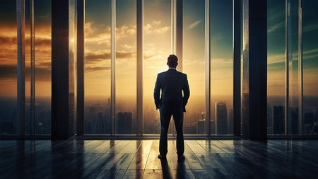 Businessman standing in modern office interior with city view. Mixed mediaの素材
