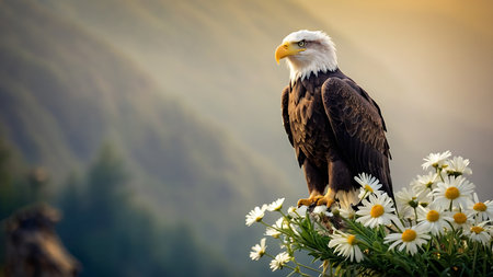 Bald Eagle on the top of a mountain with flowers in the backgroundの素材
