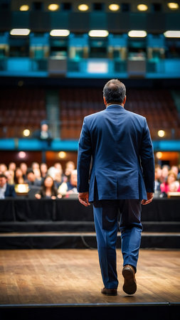 Rear view of mature businessman standing in front of audience at conference hallの素材