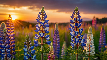 Beautiful lupine flowers in the field at sunset. Nature backgroundの素材