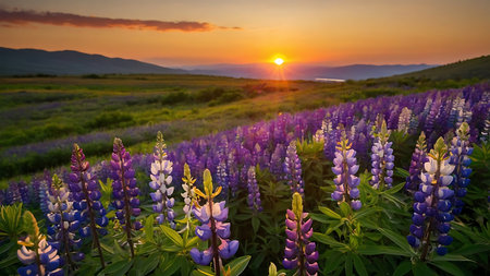 Sunset on lupine field. Beautiful summer landscape with lupine flowers.の素材