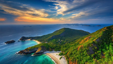 Panoramic aerial view of beautiful tropical beach at sunset. Seychellesの素材