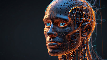 3D rendering of a female robot with wireframe brain on dark backgroundの素材