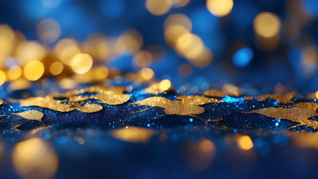 Golden glitter bokeh on blue background. Christmas and New Year conceptの素材
