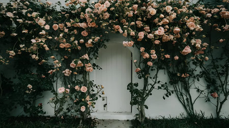 White door and pink roses in the garden. Vintage style tonedの素材
