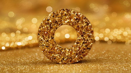 Number 0 on gold glitter defocused lights background. Christmas and New Year concept.の素材