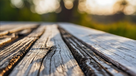 Wooden table in the park. Natural background. Selective focus.の素材