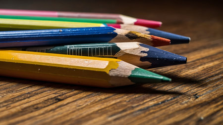 Colorful pencils on a wooden table. Selective focus.の素材