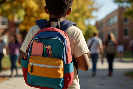 Back to school. Rear view of a schoolboy carrying a backpack while standing outdoorsの素材