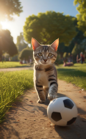 Cute kitten playing with a soccer ball in the park at sunsetの素材
