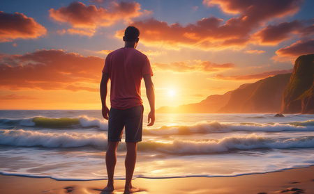 Young man standing on the beach and looking at the sea at sunsetの素材