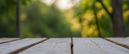 Wooden table in the park, bokeh background, bannerの素材
