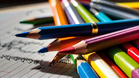 Color pencils on the table. Selective focus. Shallow depth of fieldの素材