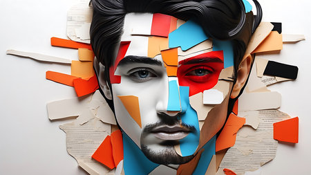 Creative composition with face made of paper pieces. Art concept.の素材