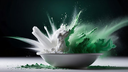 White bowl with splashes of paint on a dark green background.の素材