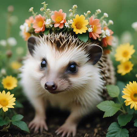 Cute little hedgehog with flower wreath in the garden.の素材