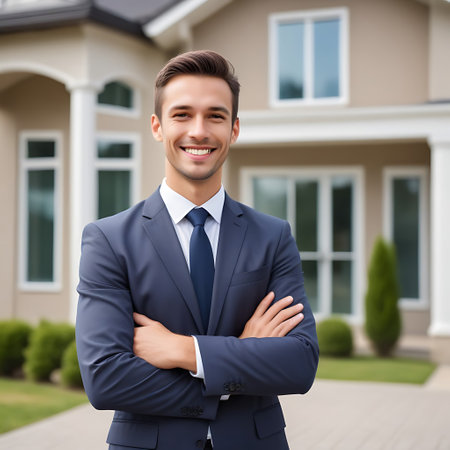 business, people and real estate concept - smiling young businessman in suit with crossed arms over new houseの素材