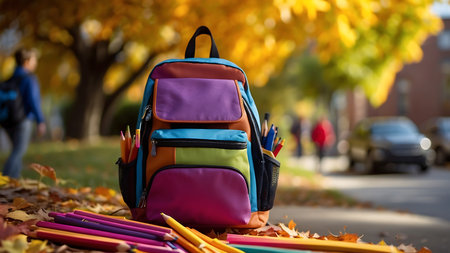 Backpack with school supplies on the background of autumn leaves. Selective focus.の素材
