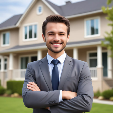 business, real estate and people concept - smiling businessman in suit with crossed arms over new houseの素材