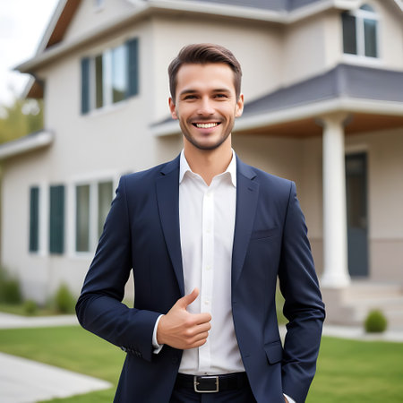 business, real estate and people concept - smiling young man in suit standing in front of new houseの素材