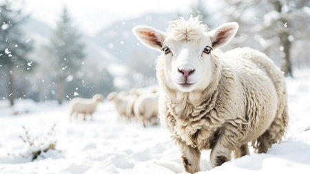 Sheep in the snow. Winter sheep in the snow. Sheep in the snow.の素材
