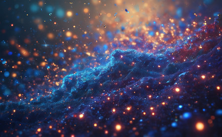 Abstract 3d rendering of chaotic structure. Flying particles with depth of field and bokeh effect.の素材