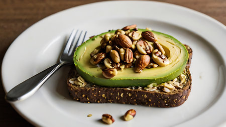 Avocado toast with whole grain bread and nuts on wooden table.の素材