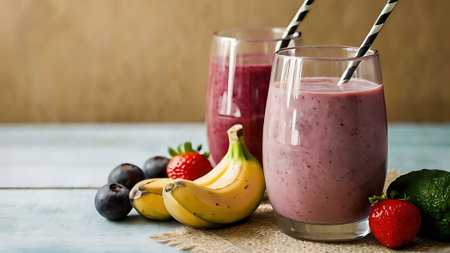 Smoothie with banana, strawberry and blueberry on a wooden backgroundの素材
