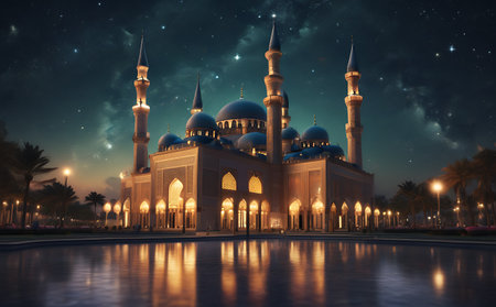 Mosque at night with stars in the sky, Ramadan Kareemの素材