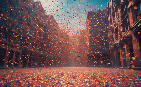 Colorful confetti falling down in a street in London, UKの素材