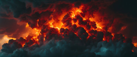 3D illustration of a big fire in the sky with clouds.の素材