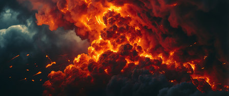 3D illustration of big fire explosion with smoke and flames on black backgroundの素材